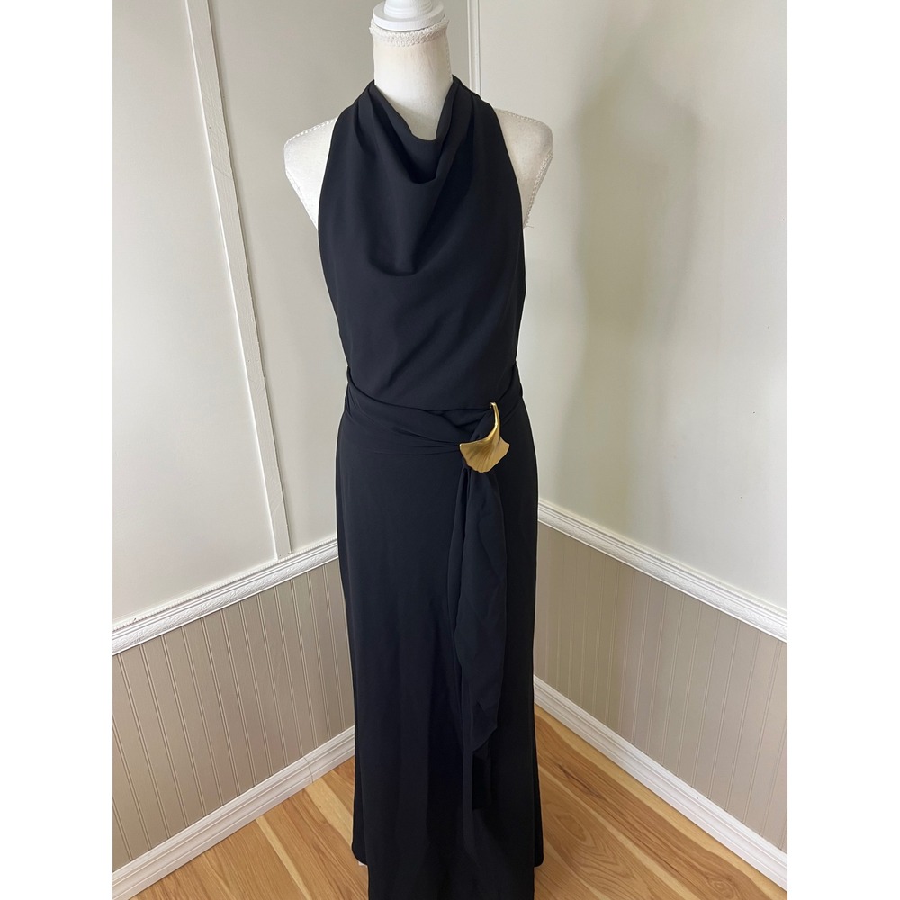 Donna Karan New York Black Cowl Neck Gown Gold Ginkgo Leaf Detail Size 6 NWT - Picture 9 of 15